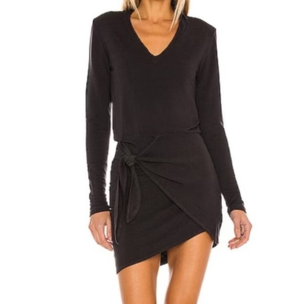 Monrow Supersoft Long Sleeve Tie V-Neck Bodycon ‎Abyss Dress Size S Black New